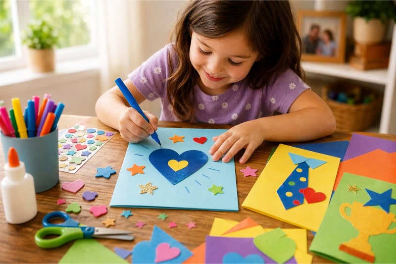 A child decorating a homemade Father's Day card with craft supplies on a wooden table.