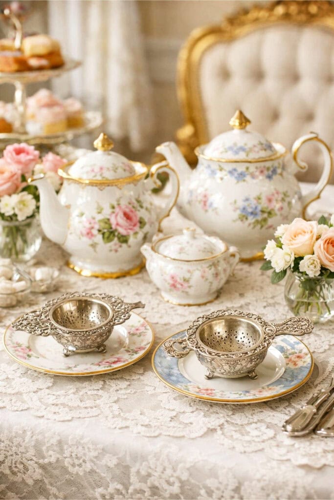 A tea party table with vintage porcelain teapots, ornate silver tea strainers, lace tablecloth, and pastel flowers.