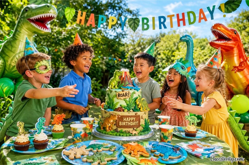 Children celebrating a summer birthday party outdoors with dinosaur decorations and themed food.