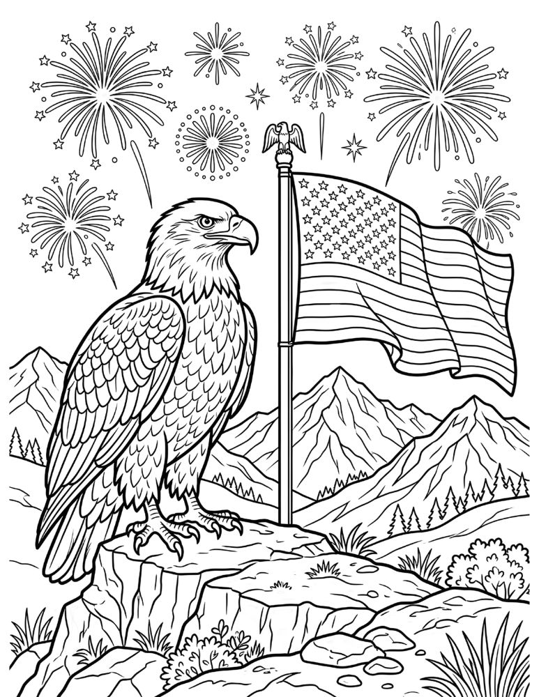 Black and white coloring page with bald eagle beside a waving American flag and fireworks in the background.