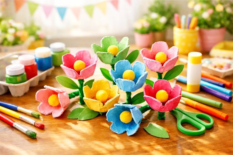 A table with colorful egg carton flowers and art supplies arranged for a kids' craft activity.