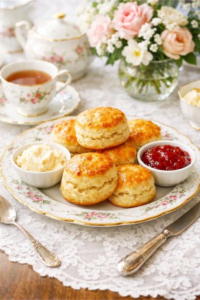 A table set with classic English scones, clotted cream, strawberry jam, teacups, and a floral centerpiece.