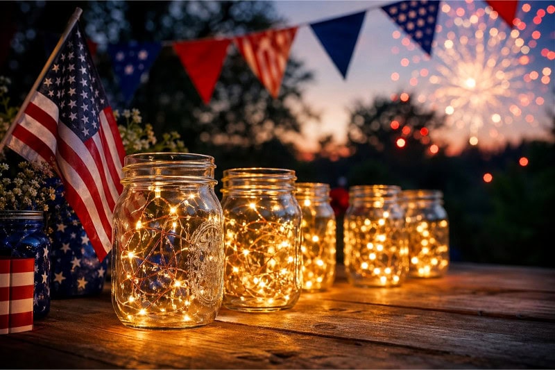Several mason jars wrapped with glowing fairy lights placed on a wooden table outdoors in the evening with patriotic decorations in the background.