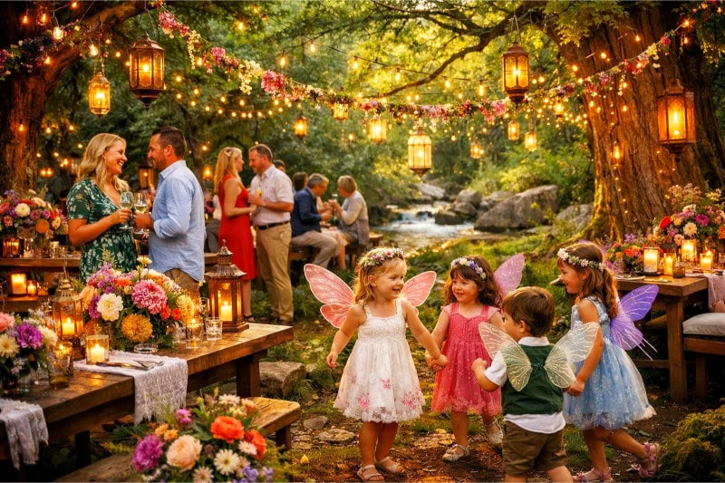 An outdoor garden party in early summer with people celebrating around a decorated wooden table under hanging fairy lights and lanterns.