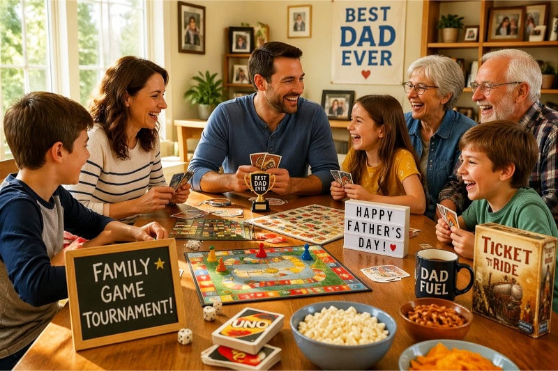 A family of fathers and children playing board games together around a table indoors, smiling and enjoying their time.
