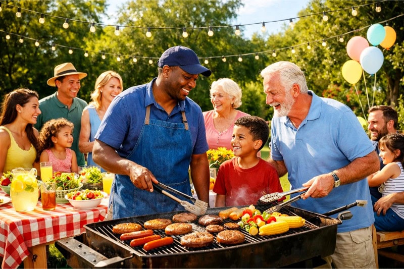 Family celebrating a Father's Day BBQ outdoors with a father grilling and loved ones enjoying food and company.
