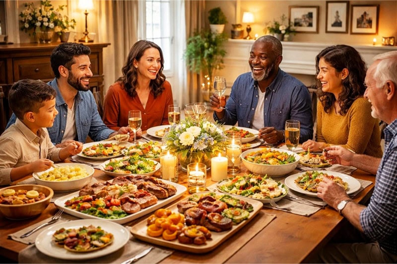 Family gathered around a dining table enjoying a Father's Day dinner party with a variety of food and drinks.