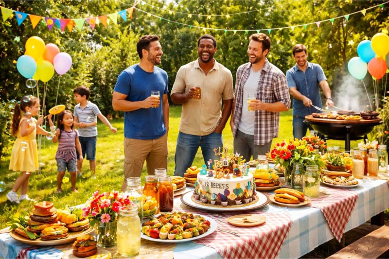 A family enjoying a lively outdoor Father's Day party with food, decorations, and activities in a sunny backyard.