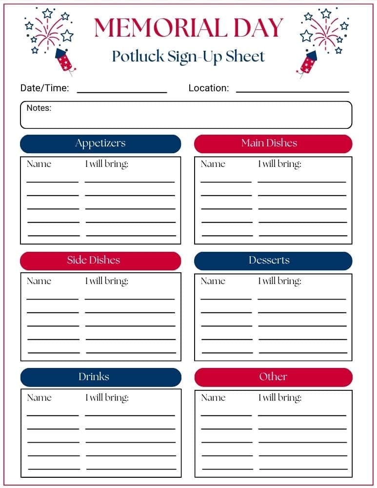 Festive Fireworks Memorial Day Potluck Sign Up