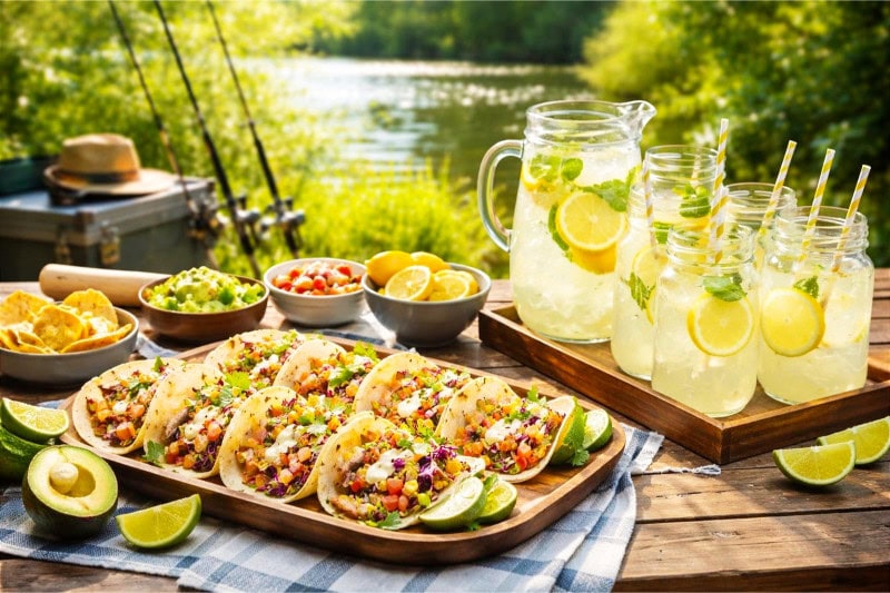 Outdoor picnic table with fish tacos and a lemonade bar set up near a lake surrounded by greenery.