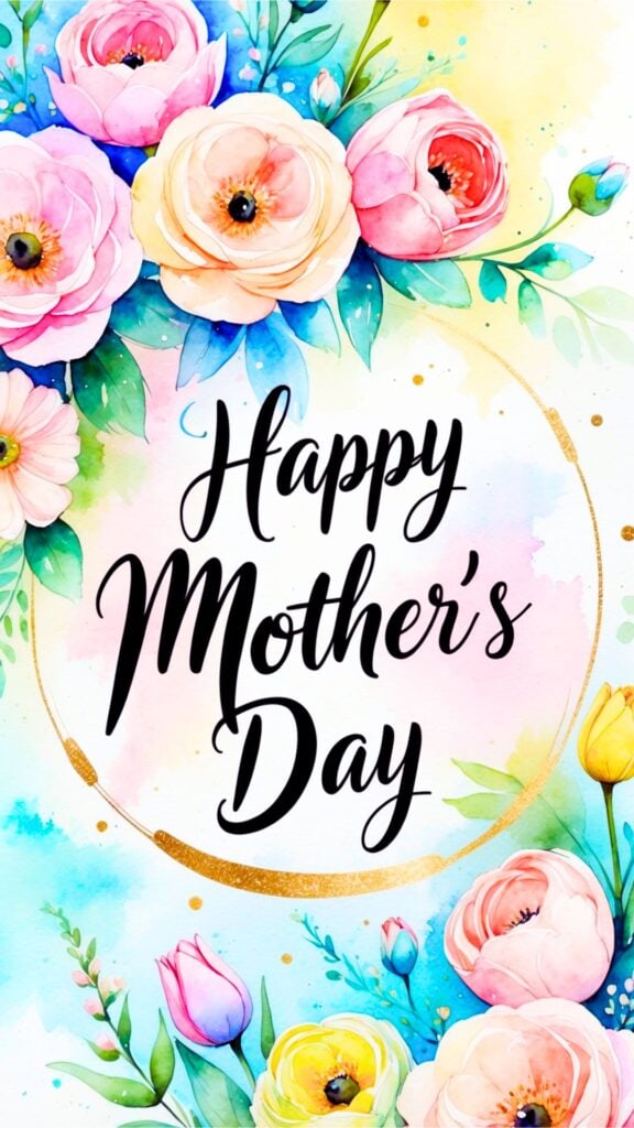 A vibrant, vertically oriented watercolor illustration celebrating Mother's Day. The composition features a lush arrangement of stylized flowers—roses and tulips in soft pinks, peaches, yellows, and blues, with green foliage, framing a central circular space. The text "Happy Mother's Day" is written in a bold, elegant black script, centered within a delicate, golden, incomplete circular frame that adds a touch of sophistication. The background is a soft wash of pastel watercolor hues—blues, pinks, and yellows—with subtle splatters and gold flecks enhancing the whimsical, celebratory feel.
