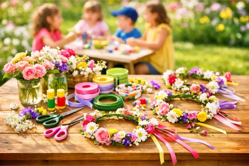 A table set up with flowers, ribbons, and craft supplies for making flower crowns at a children's spring party outdoors.