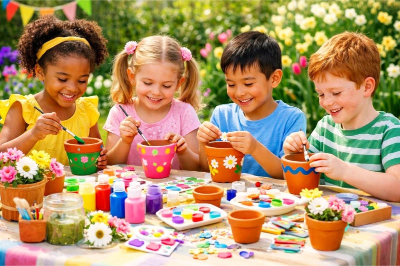 Children decorating flower pots outdoors at a spring party with art supplies and flowers on a table.