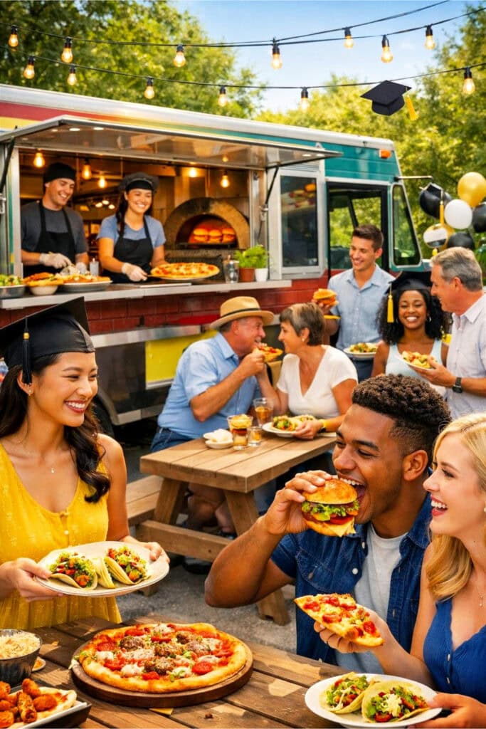 People enjoying tacos, pizza, and smash burgers at an outdoor graduation party with a food truck in the background.