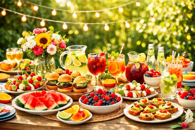 Outdoor summer party with a table full of colorful food and drinks and people enjoying the celebration.