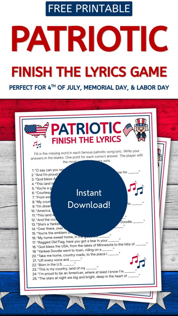Free Printable Patriotic Finish the Lyrics Game Pin 1