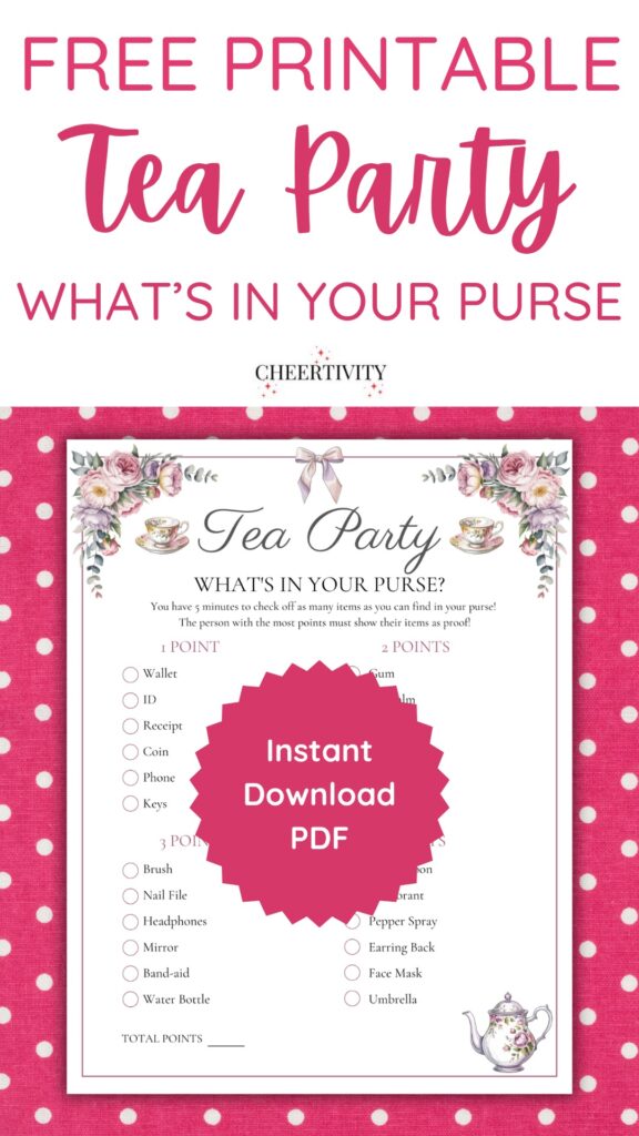 Free Printable Tea Party What’s in Your Purse Game pin 1