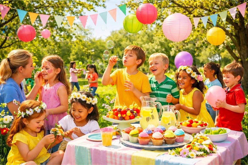 Children enjoying a colorful outdoor spring party with games, snacks, and decorations in a sunny garden.
