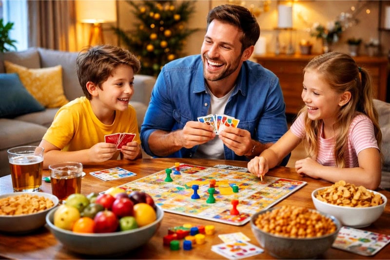 Family gathered around a table playing board games and cards with snacks nearby, enjoying a game night together.