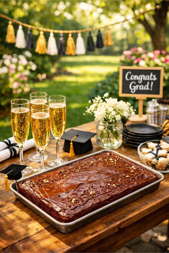 Outdoor garden party table with Texas sheet cake and glasses of sparkling cider surrounded by greenery and flowers.