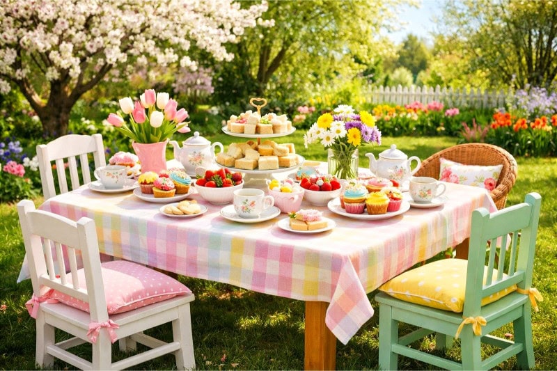 A garden table set for a children's tea party with flowers, tea cups, and treats surrounded by green grass and blooming trees.