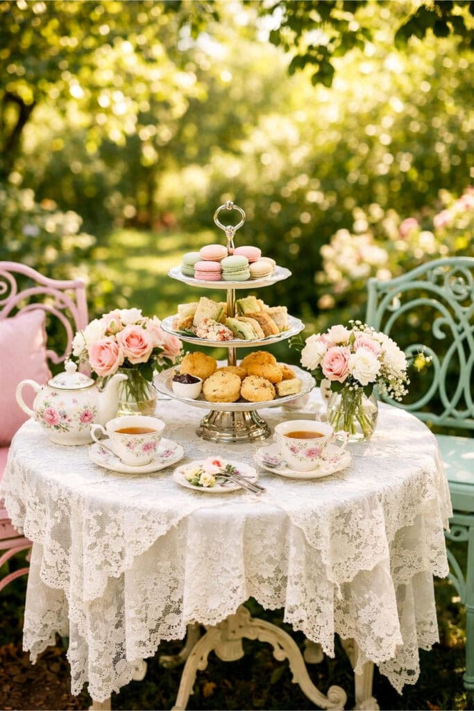 A garden tea party setup with pastel furniture, lace tablecloths, fine china, assorted pastries, and fresh flowers on a small table surrounded by greenery.