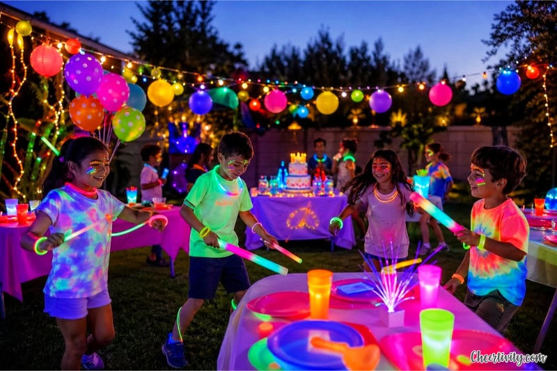 Children celebrating a summer birthday party outdoors at dusk with glowing decorations and lights.