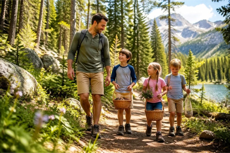 A father and three children exploring a green forest together, examining nature treasures on a sunny day.
