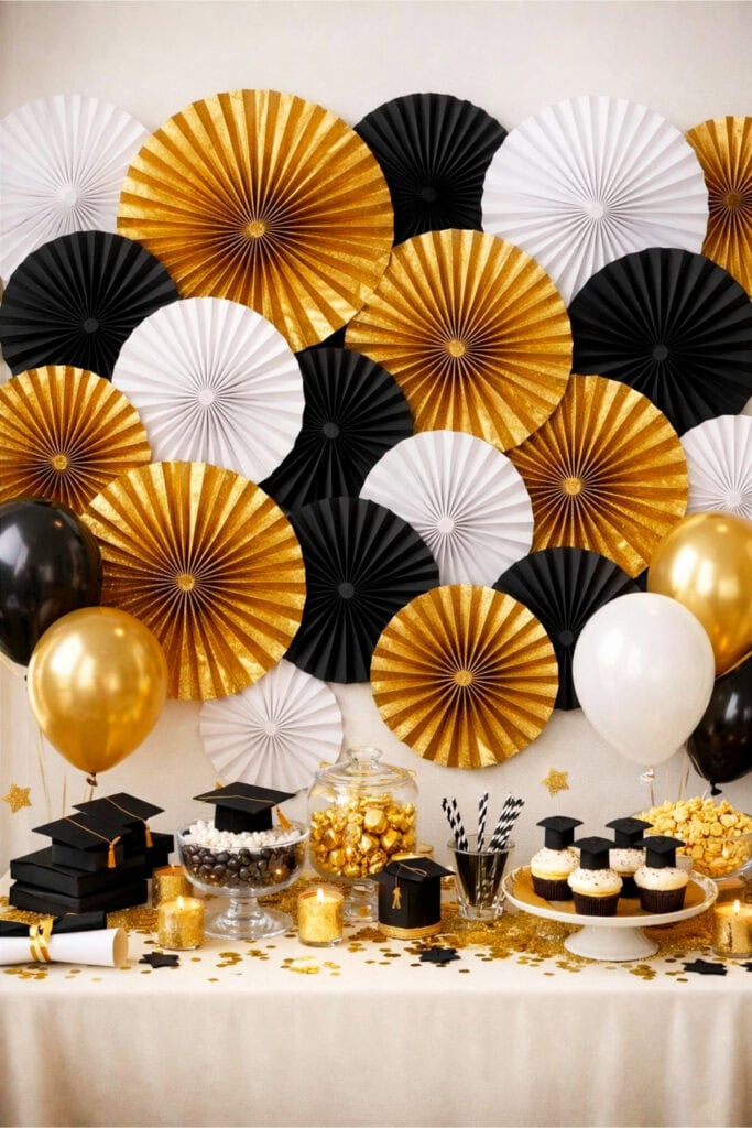 A decorative backdrop of gold, black, and white paper fans with graduation party decorations on a table in front.