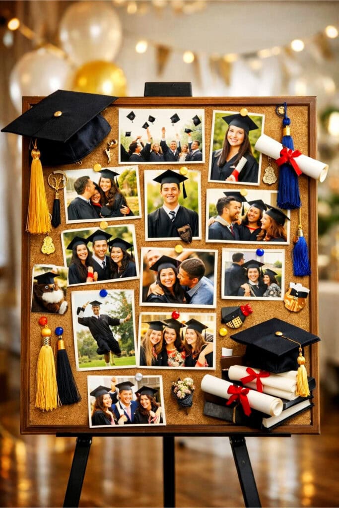 A graduation memory board decorated with photos and mementos displayed at a party.