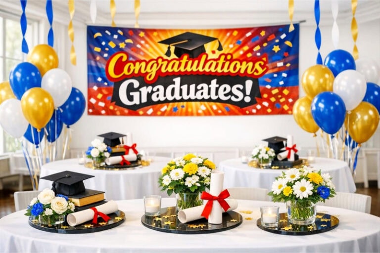 A decorated graduation party setup with a colorful banner with the text "Congratulations Graduates!" balloons, streamers, and themed table centerpieces.