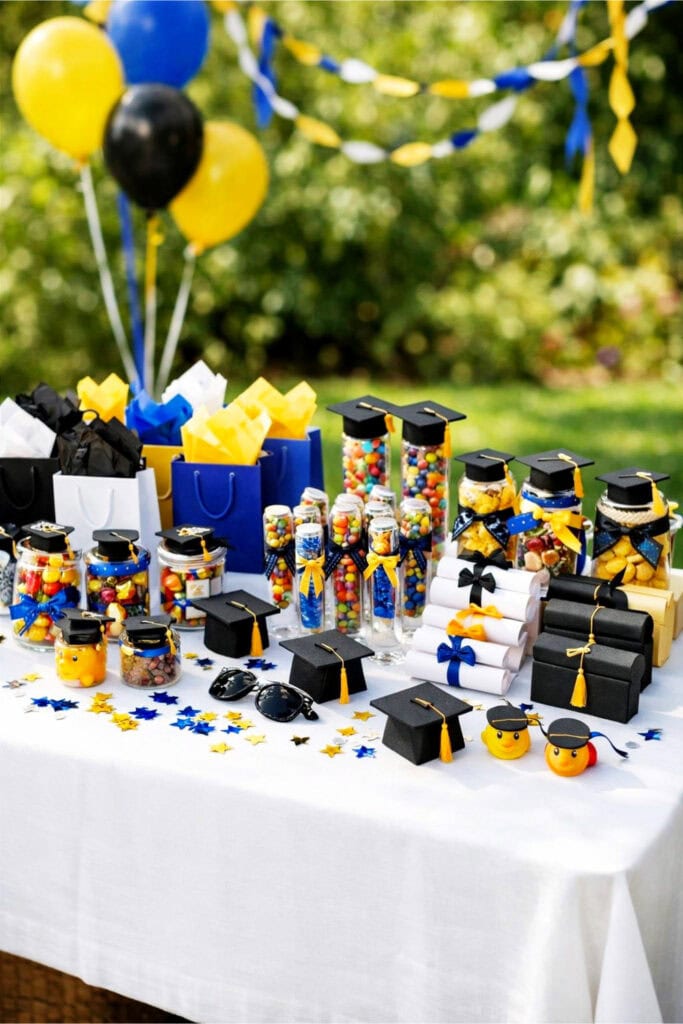 A table outdoors filled with colorful graduation party favors and decorations.
