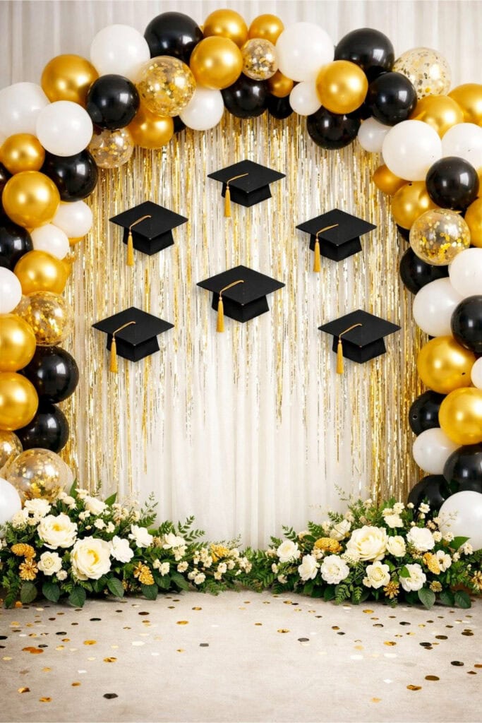 A decorated graduation photo booth backdrop with balloons, streamers, graduation caps, flowers, and confetti.