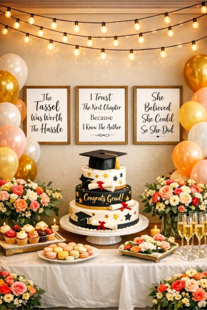 A decorated graduation party area with string lights, flowers, balloons, cake and three framed quote prints on the wall with the text "The Tassel Was Worth The Hassle," "I Trust The Next Chapter Because I Know The Author," and "She Believed She Could So She Did." 