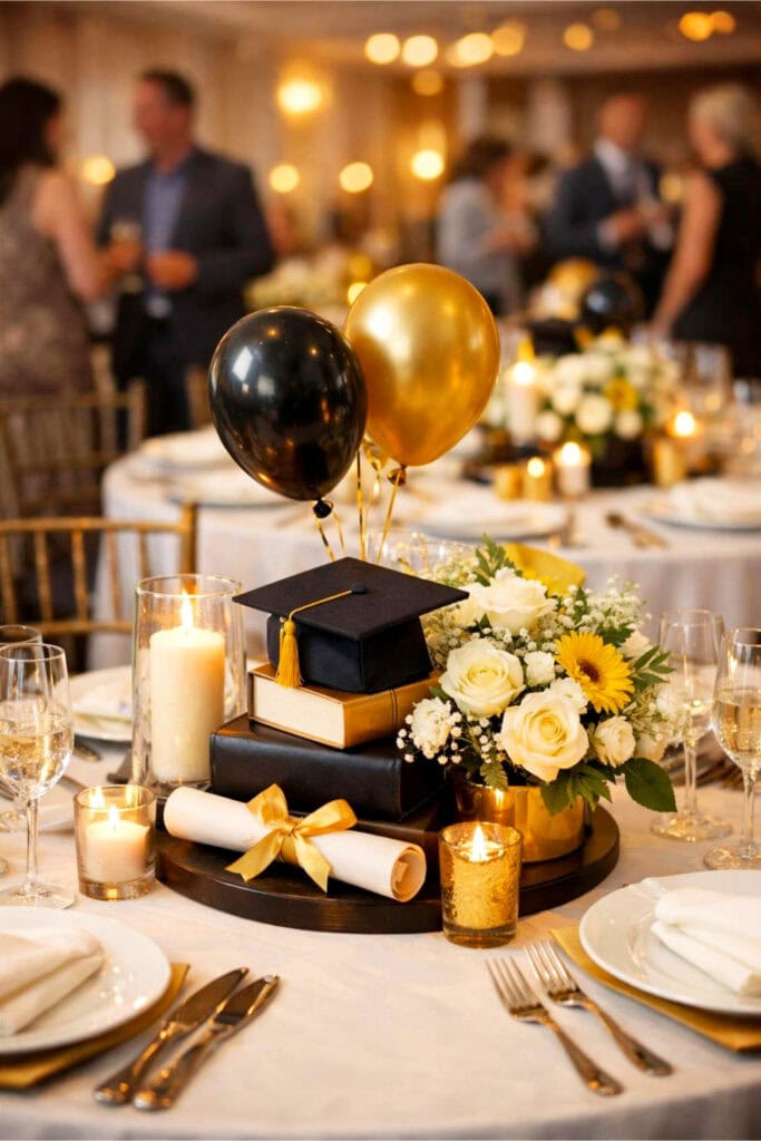 Tables decorated with graduation-themed centerpieces including small graduation caps, flowers, and balloons at a party.