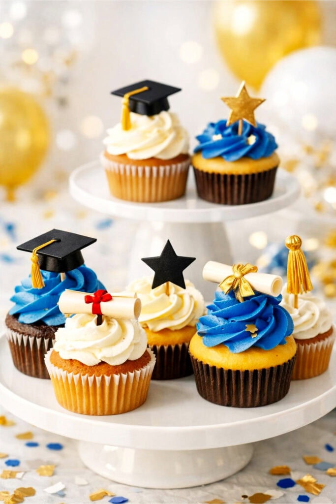 Cupcakes decorated with colorful frosting and graduation-themed picks like caps and diplomas arranged on a tiered stand with party decorations in the background.