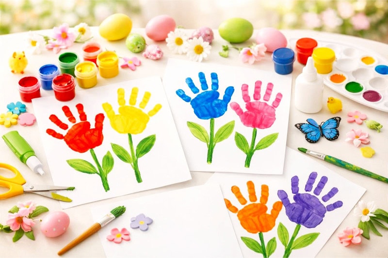 Children's hands creating colorful handprint flower crafts on a table with art supplies and spring decorations.