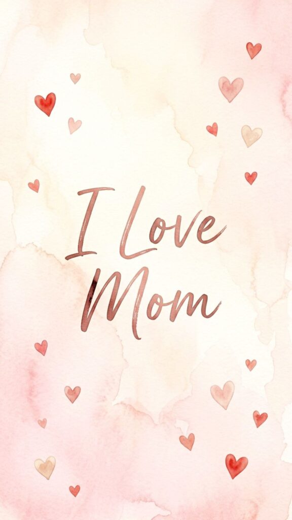 cozy aesthetic iphone wallpaper, soft pastel pink and warm cream background with subtle watercolor texture, gentle lighting, small heart accents in soft red and blush tones, handwritten love note vibe, centered text ‘I Love Mom’ in natural handwritten script