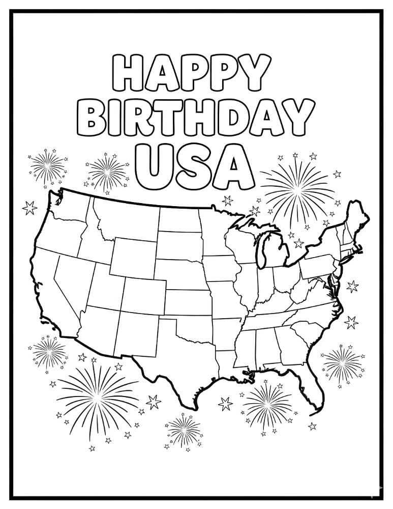 Black and white coloring page with USA map, stars, patriotic patterns, and fireworks.