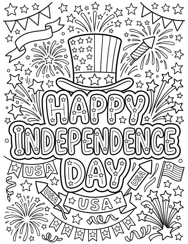 Black and white Independence Day coloring page with bubble letters, stars, ribbons, and festive decorations.