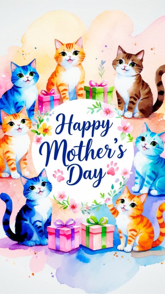 A cheerful, symmetrical composition of seven stylized cats arranged in a circular pattern around a central white oval containing the text "Happy Mother's Day" in elegant dark blue script. The cats, rendered in a whimsical watercolor style, feature large, expressive green eyes and friendly, slightly smiling faces with pink tongues playfully sticking out. They include orange tabbies, blue and white tabbies, and brown tabbies, all with soft, fluffy fur. The cats are seated in various poses, some looking directly at the viewer, others gazing slightly away, creating a sense of gentle interaction. Small gift boxes in pink, green, and purple with ribbons are placed at the base of the composition. The background is a soft, abstract wash of pastel colors—pinks, yellows, purples, and blues—with subtle watercolor splatters and faint floral sprigs.