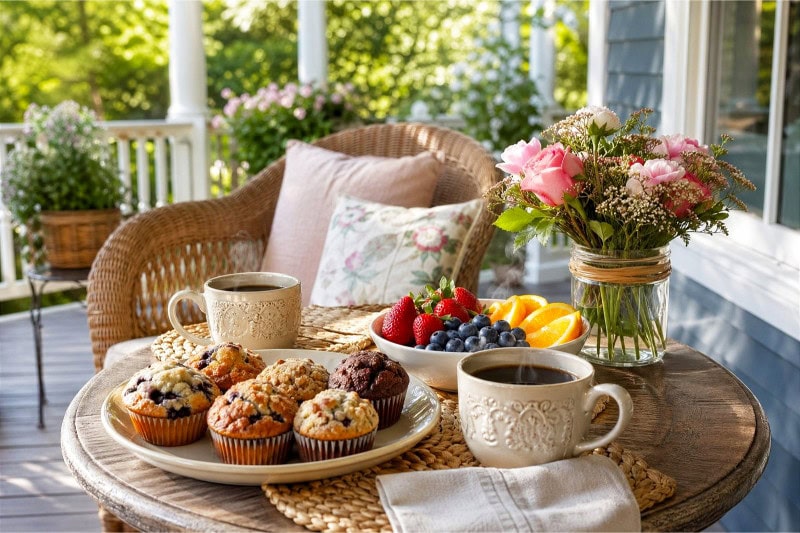 A porch breakfast table with muffins, fresh fruit, and coffee cups set outdoors.