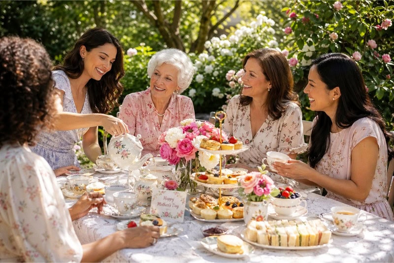 A group of women enjoying an outdoor afternoon tea party with a table set with teacups, pastries, and flowers in a garden.