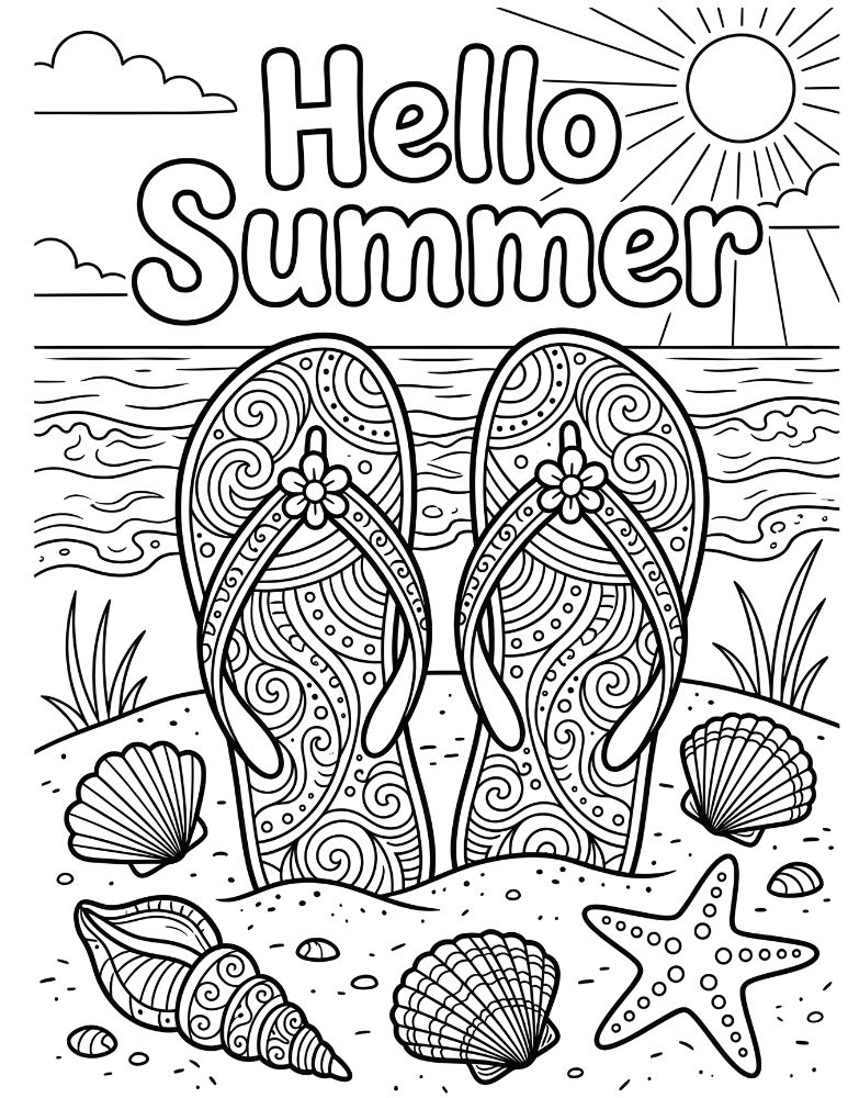 Pair of flip flops in the sand with seashells and Hello Summer text coloring page