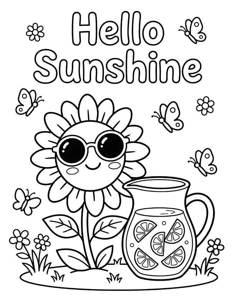 Smiling sunflower wearing sunglasses beside a pitcher of lemonade with flowers and butterflies
