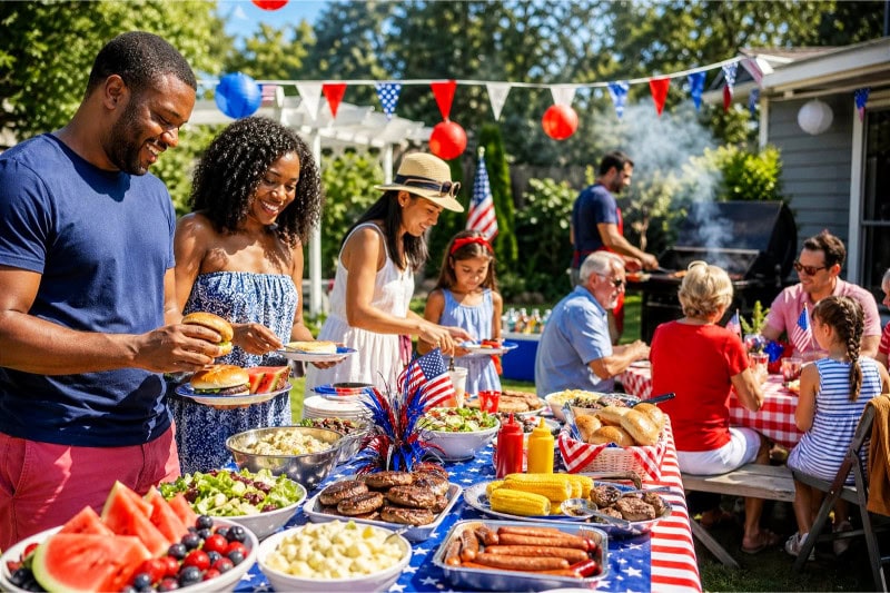 A group of people enjoying a 4th of July BBQ outdoors with patriotic decorations and food.
