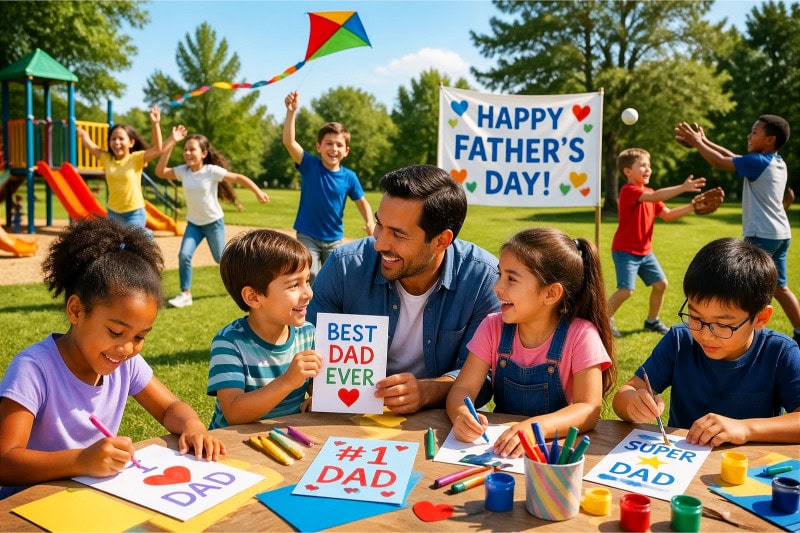 A father and two children enjoying a creative outdoor activity together in a sunny park.