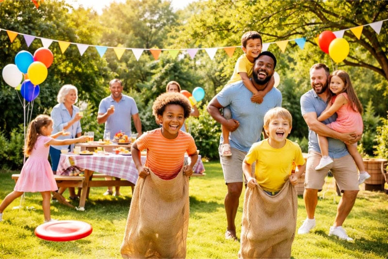 A family enjoying a lively Father's Day party outdoors with decorations, games, and smiling people of different ages.
