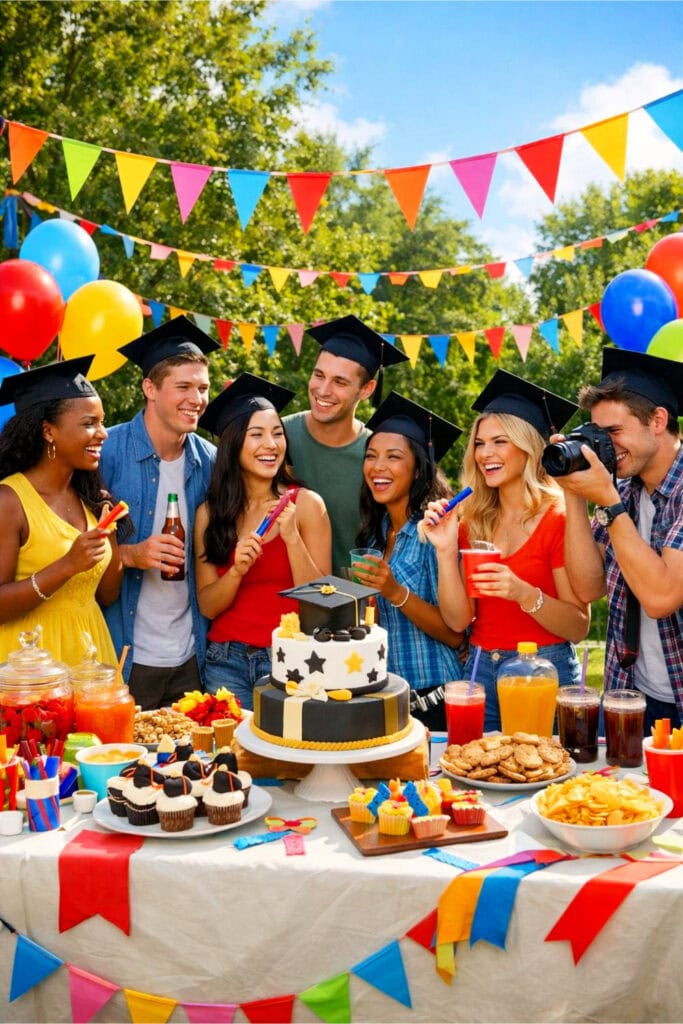 A group of young adults wearing graduation caps celebrating at an outdoor party with decorations, food, and drinks.