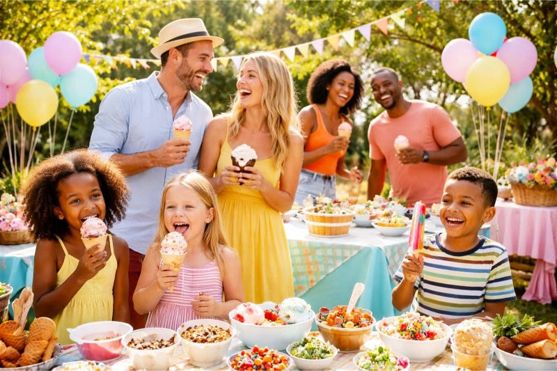People enjoying ice cream treats at a sunny outdoor summer party with colorful decorations and greenery.